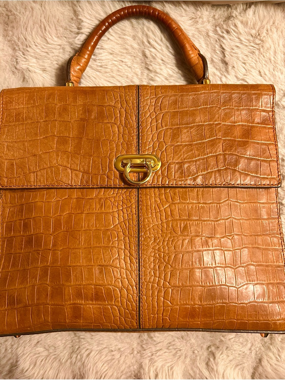 Pure Collection Vintage Croc-Embossed Cognac Leather Handbag